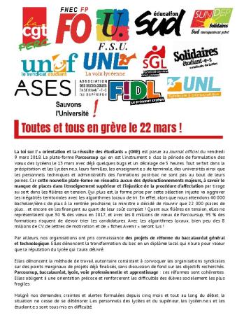 Toutes et tous en grève le 22 mars ! - Communiqué interfédéral