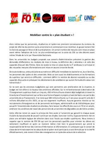 Mobiliser contre le « plan étudiant » ! - Appel interfédéral pour le 12 décembre 2017