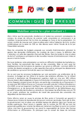 Mobiliser contre le « plan étudiant » ! - Appel interfédéral pour le 12 décembre 2017