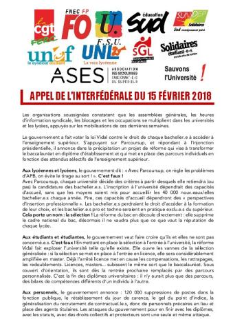Appel de l'interfédérale pour la journée d'action du 22 mars 2018