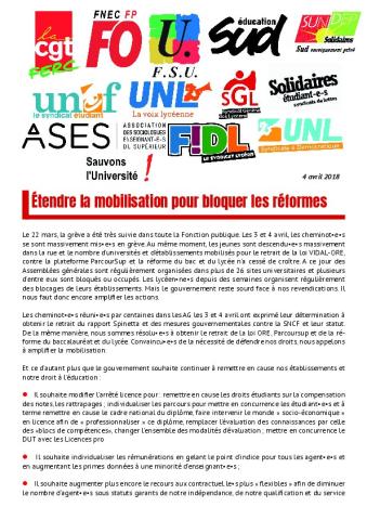 « Étendre la mobilisation pour bloquer les réformes » - Appel interfédéral du 4 avril 2018
