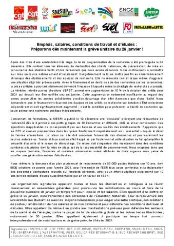 Grève unitaire mardi 26 janvier pour l'emploi, les salaires et les conditions de travail et d’études - Appel intersyndical du 7 janvier 2021
