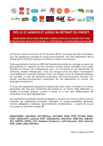 MOBILISONS-NOUS POUR OBTENIR L’ANNULATION DE LA HAUSSE DES FRAIS D’INSCRIPTION (...) - APPEL INTERSYNDICAL du 18 janvier 2019