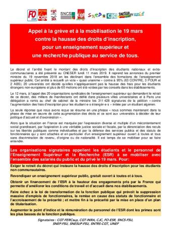 Appel intersyndical à la grève et à la mobilisation le 19 mars contre la hausse des droits d’inscription, pour un enseignement supérieur et une recherche publique au service de tous - 18 mars 2019
