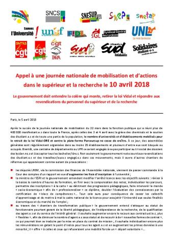 10 AVRIL : appel intersyndical à une journée nationale de mobilisation et d’actions dans le supérieur et la recherche