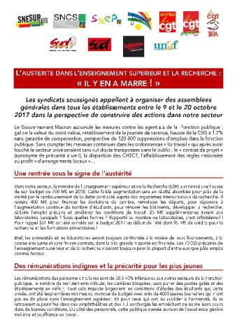 Appel intersyndical pour le 10 octobre : L’austérité dans l’enseignement supérieur et la recherche : « Il y en a marre ! »