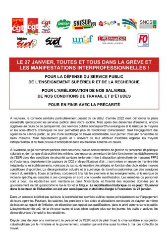 Le 27 janvier, toutes et tous dans la grève et les manifestations interprofessionnelles ! - Appel intersyndical du 17 janvier 2022