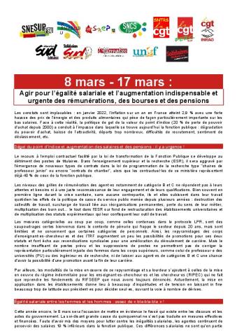 8 mars - 17 mars : Agir pour l’égalité salariale et l’augmentation indispensable et urgente des rémunérations, des bourses et des pensions - Communiqué intersyndical du 2 mars 2022