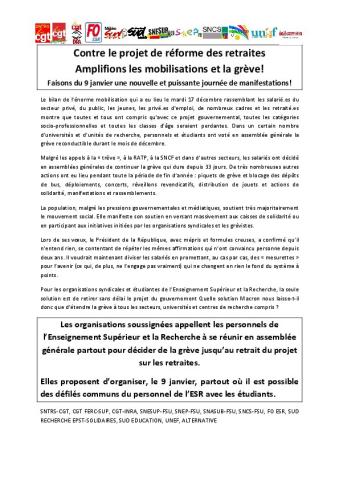 Appel de l’intersyndicale de l'ESR au 9 janvier - Communiqué du 7 janvier 2019