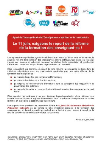 Le 11 juin, exigeons le report de la réforme de la formation des enseignant-es ! - Appel intersyndicale de l'Enseignement supérieur de la recherche