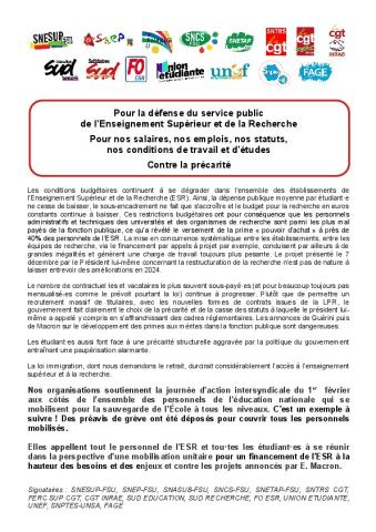 1er FEVRIER 2024 - Appel de l'intersyndicale à se mobiliser aux côtés des collègues de l'Education Nationale