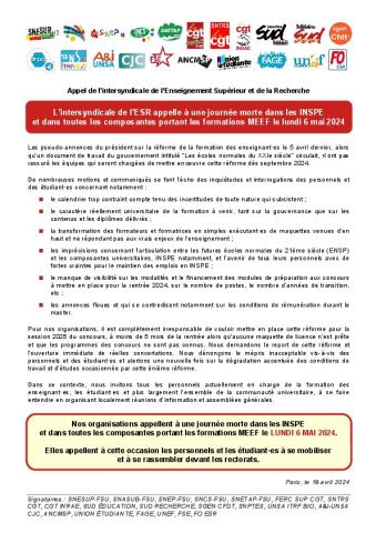 Appel à une journée morte dans les INSPE le 6 mai - Communiqué de l'intersyndicale de l'ESR du 18 avril 2024