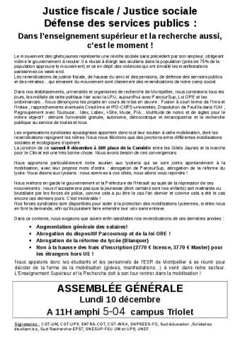 Université de Montpellier : Appel intersyndical du 7 décembre 2018