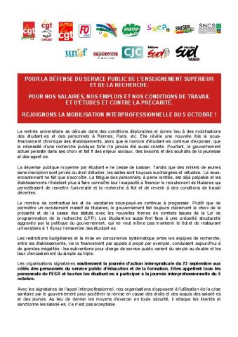 Rejoignons la mobilisation interprofessionnelle du 5 octobre ! - Communiqué intersyndical du 16 septembre 2021