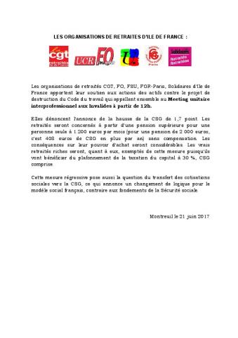 Appel des organisations de retraité.e.s - Meeting unitaire interprofessionnel aux Invalides le 27 juin