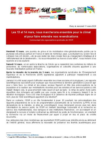 Les 13 et 14 mars, nous marcherons ensemble pour le climat et pour faire entendre nos revendications -Communiqué des organisations syndicales de l’ESR, 11 mars 2020