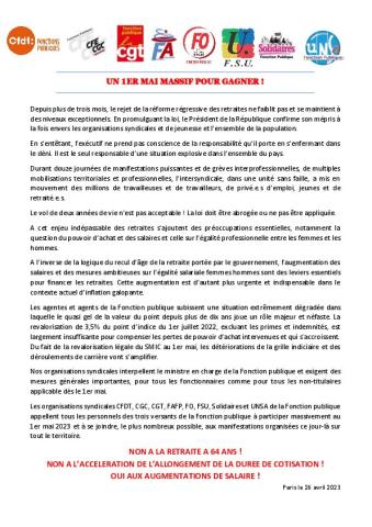 UN 1ER MAI MASSIF POUR GAGNER ! -  Appel de l’intersyndicale de la Fonction publique du 28 avril 2023