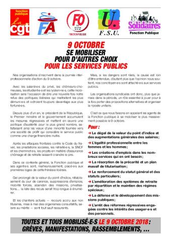  9 OCTOBRE : Se mobiliser pour d'autres choix pour les services publics - Communiqué intersyndical, 27 septembre 2018