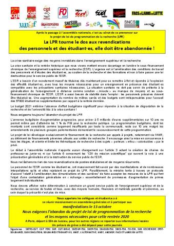 Mardi 13 octobre, manifestons contre la LPR et pour les moyens nécessaires à la rentrée 2020 - Appel intersyndical du 1er octobre 2020
