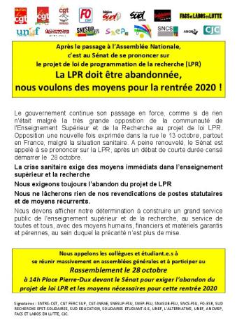 Le 28 octobre : exigeons l'abandon de la LPR et des moyens indispensables à la rentrée! - Communiqué intersyndical ESR du 
