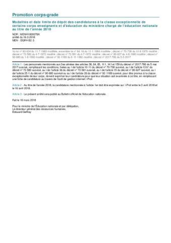 Arrêté du 16 mars 2018 sur l'accès à la classe exceptionnelle 2018