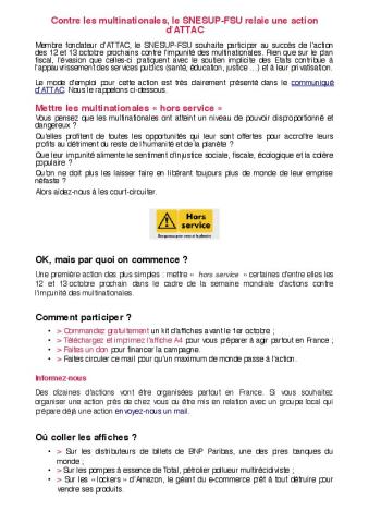 Contre les multinationales, le SNESUP-FSU relaie une action d'ATTAC - Octobre 2019