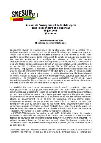 Assises de l’enseignement de la philosophie dans le secondaire et le supérieur 15 juin 2018 (Nanterre) - Contribution de Nathalie Lebrun