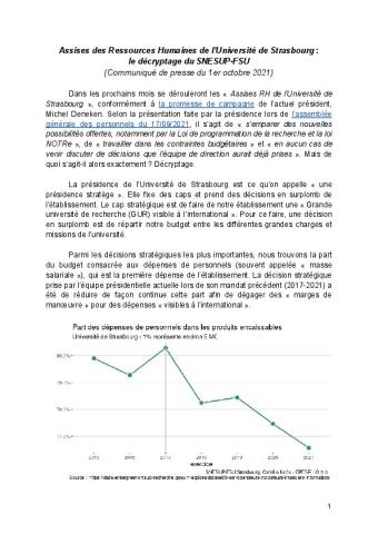 Assises des Ressources Humaines de l’Université de Strasbourg :  le décryptage du SNESUP-FSU - Communiqué de presse du 1er octobre 2021