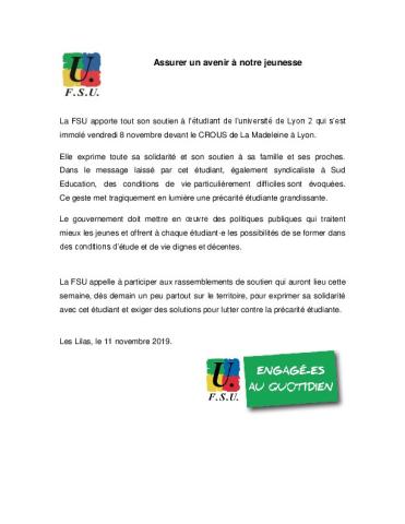 Mardi 12/11 Rassemblements en solidarité à l'étudiant de Lyon 2 qui s'est immolé vendredi 8/11
