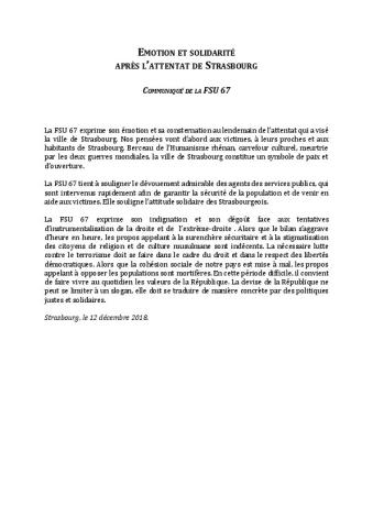 Emotion et solidarité après l’attentat de Strasbourg - Communiqué de la FSU 67, 12 décembre 2018