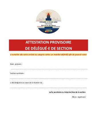 Attestation provisoire de délégué-e - congrès d'étude du Havre 2026