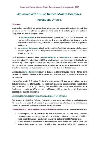 Avis du comité de suivi Licence-Master-Doctorat, adoptés le 1er décembre 2017.