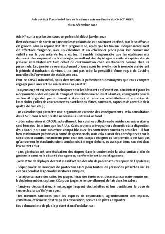Avis votés par le CHSCTMESR du 18 décembre 2020