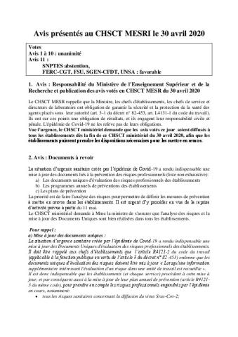 CHSCT MESRI du 30 avril 2020 - ses avis relatifs au plan de déconfinement