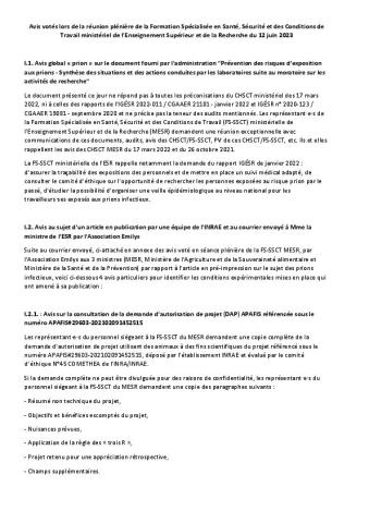 Formation spécialisée SSCT ministérielle du 12 juin 2023 : avis votés
