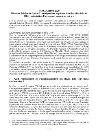 PARCOURSUP 2020 : Éléments de bilan de l’accès à l’enseignement supérieur dans le cadre de la loi ORE : orientation, Parcoursup, parcours « oui si » (Cour des comptes)