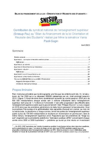 BILAN DU FINANCEMENT DE LA LOI « ORIENTATION ET RÉUSSITE DES ÉTUDIANTS » 