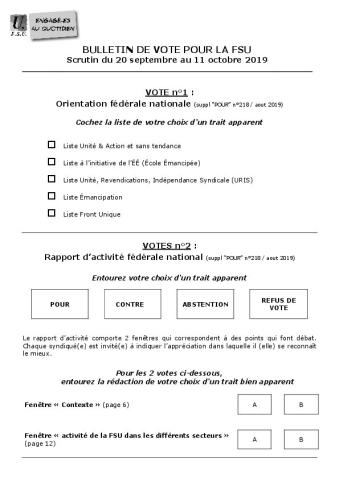 Congrès FSU 2019: Instructions et bulletin pour le vote par correspondance national