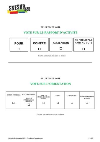 Bulletin de vote pour le congrès d'orientation de juin 2021