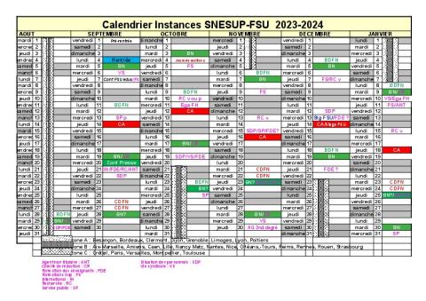 Calendrier des réunions de secteurs pour l'année universitaire en cours