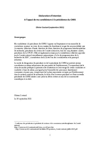 Nomination présidence CNRS - Profession de foi d'Olivier Coutard