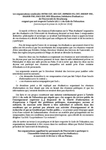 Université de Strasbourg : Les organisations syndicales exigent que soit respecté l'article L811-1 du code de l'éducation