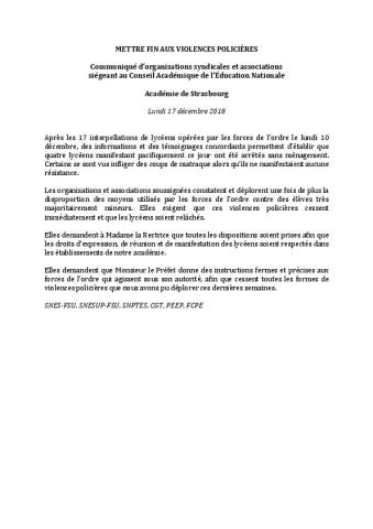 METTRE FIN AUX VIOLENCES POLICIÈRES - Communiqué intersyndical - CAEN de Strasbourg, 17 décembre 2018