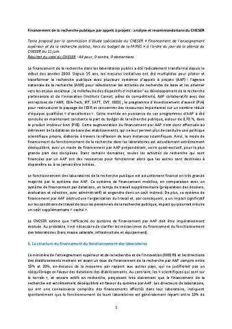 Financement de la recherche publique par appels à projets : analyse et recommandations du CNESER