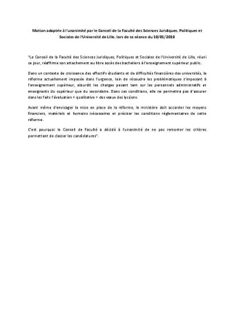Université de Lille - Motion du Conseil de la Faculté des Sciences Juridiques, Politiques et Sociales