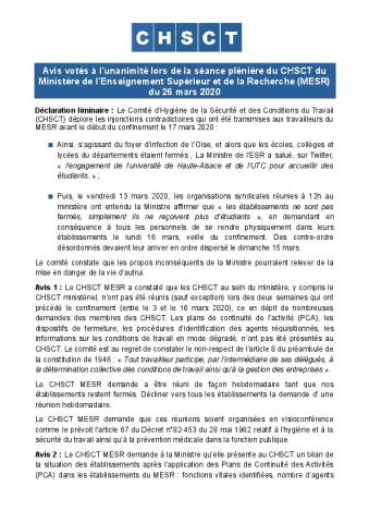Avis votés à l’unanimité lors de la séance plénière du CHSCT du Ministère de l’Enseignement Supérieur et de la Recherche (MESR) du 26 mars 2020