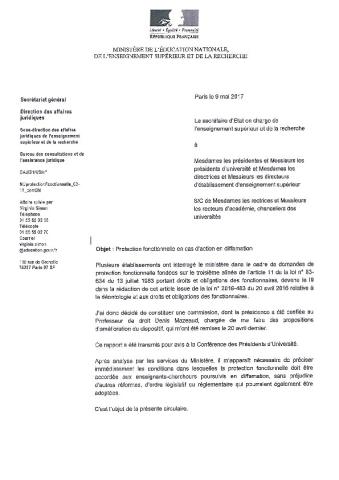 « Protection fonctionnelle en cas d’action en diffamation » – Circulaire du MENESR du 9 mai 2017