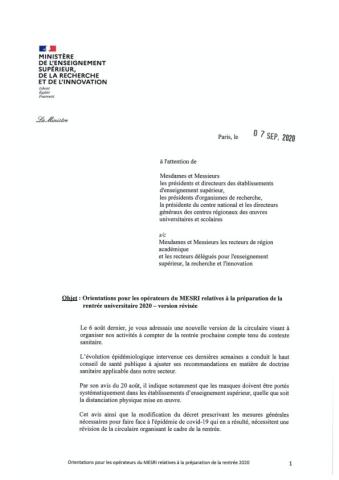 Circulaire ministérielle pour la rentrée universitaire 2020 - 7 septembre 2020