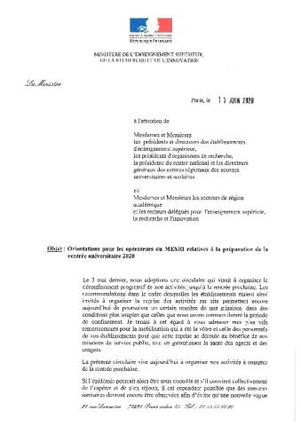 Circulaire ministérielle pour la rentrée 2020 - 11 juin 2020