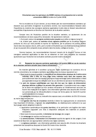 Projet de circulaire ministérielle pour rentrée 2020 -  "Orientations pour les opérateurs du MESRI relatives à la préparation de la rentrée universitaire 2020" - 9 juillet 2020
